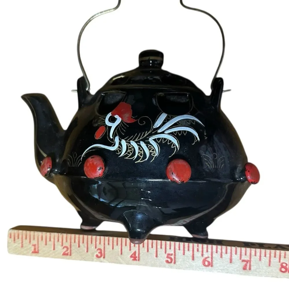 Vintage Thames Black Teapot Wall Pocket Rooster Design Japan Hand-Painted